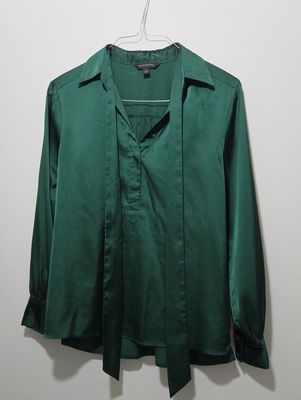 Banana Republic Deep Green Satin Button-Down Blouse with Neck Tie